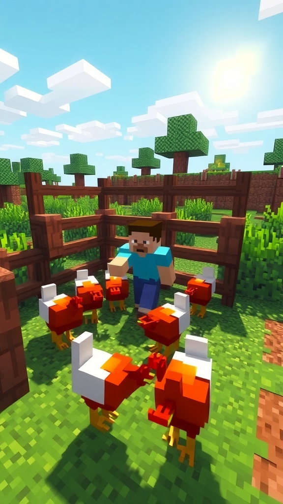 Minecraft player with chickens in a fenced area, showcasing a farm environment.